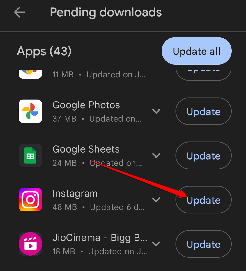 Tap the Update button next to it.
