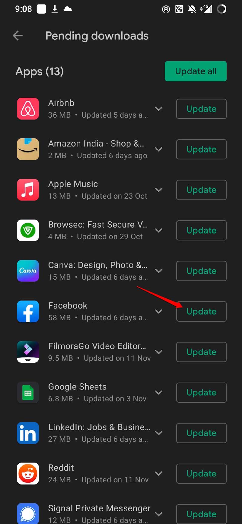 update Facebook app on Android OS