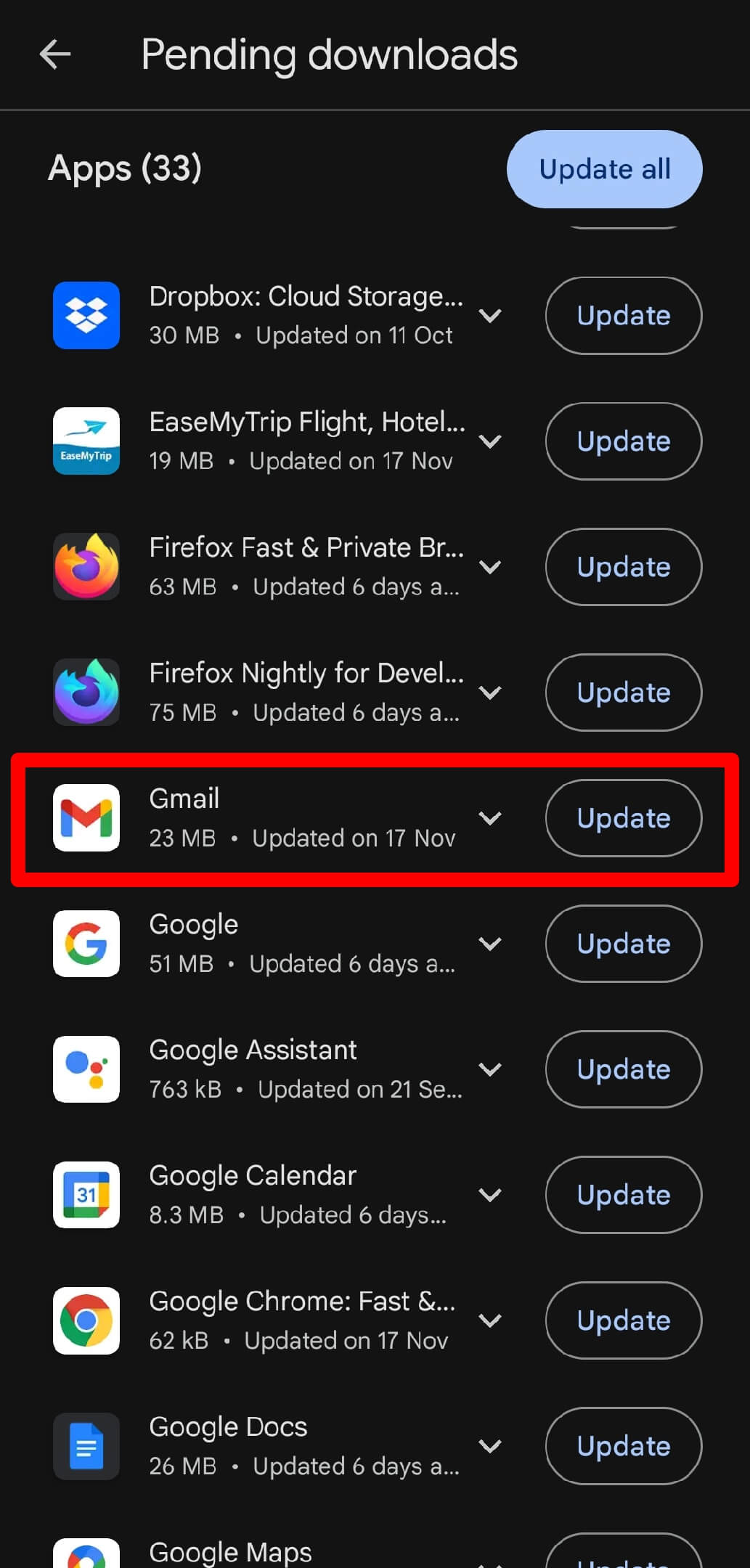 update Gmail app