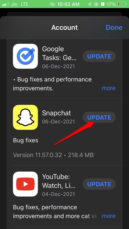 обновить приложение Snapchat
