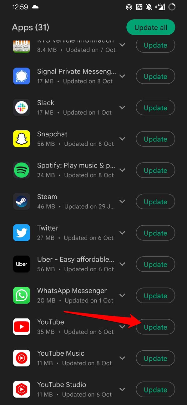 update YouTube from Play Store
