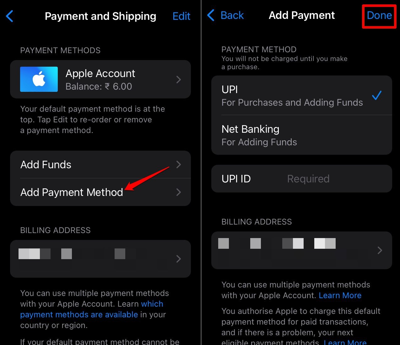 update the payment method iPhone settings