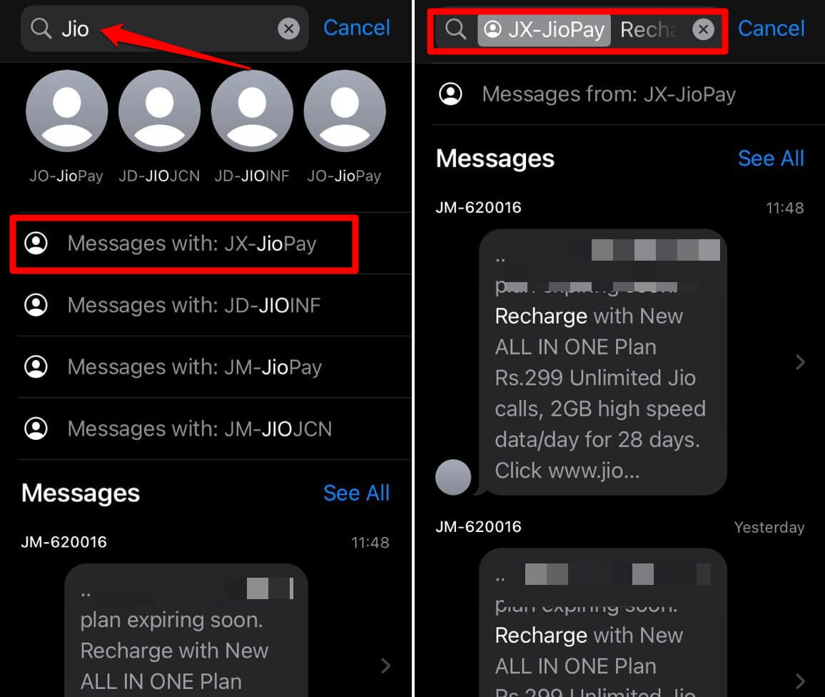 use contact name as search filter in iPhone messages