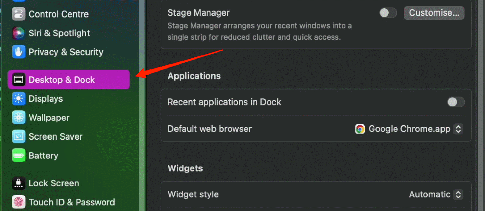 click on 'Desktop & Dock' on the sidebar.