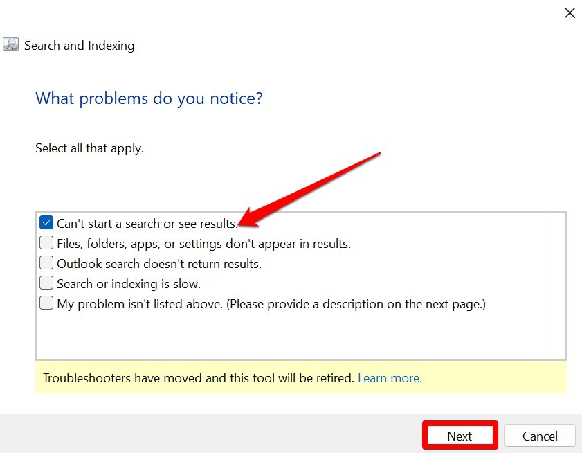 use search indexing troubleshooter Windows 11