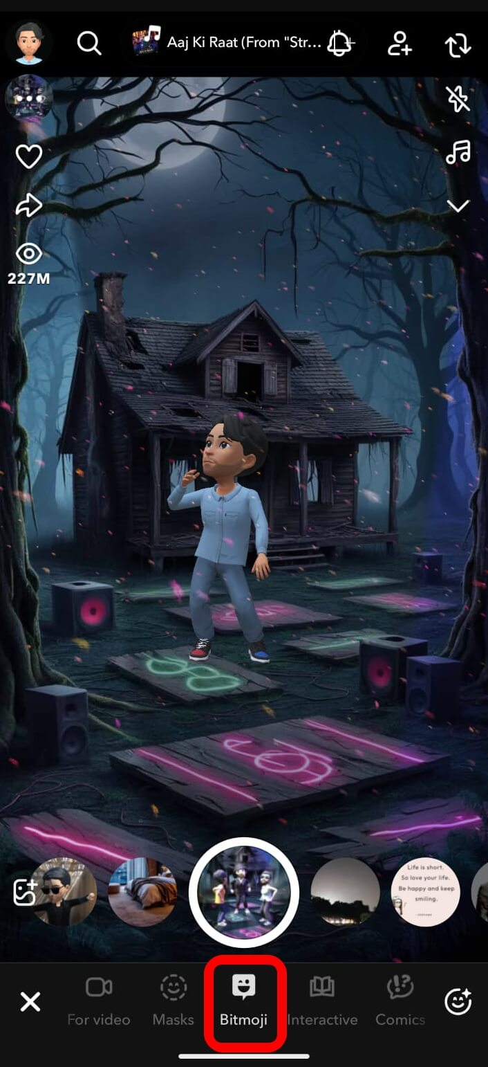 use the bitmoji lens in the carousel