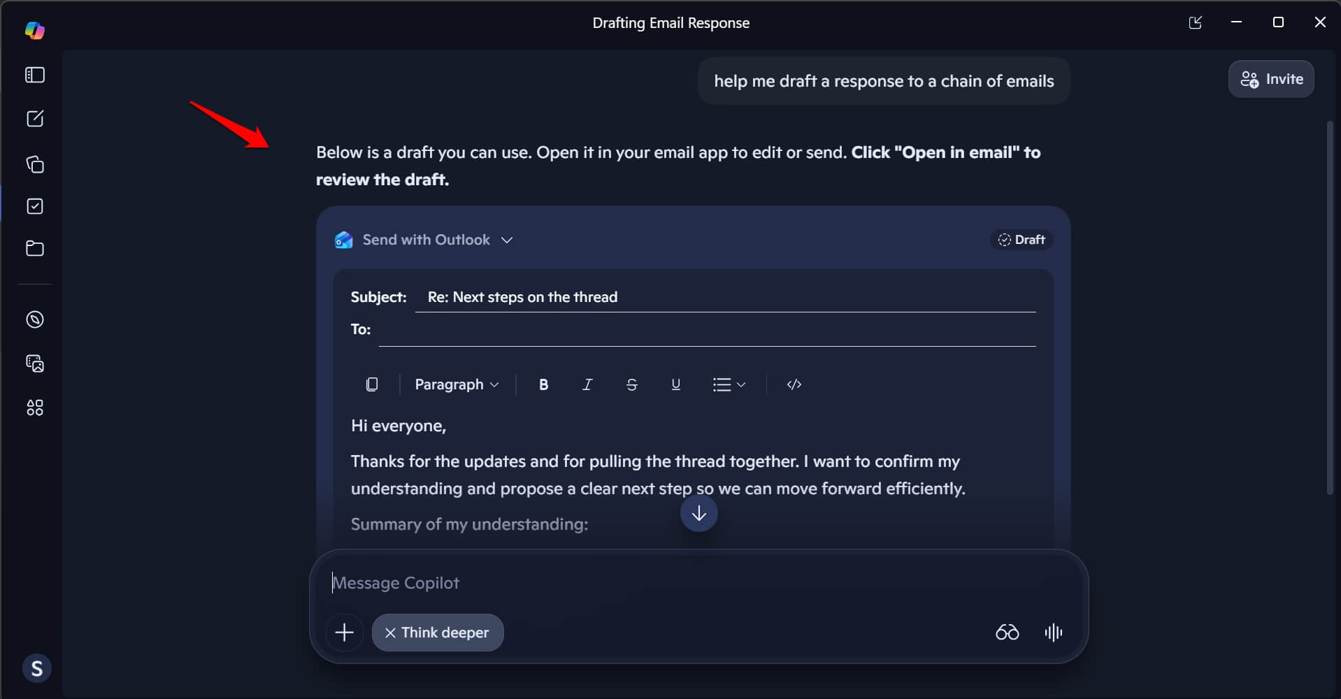 using copilot to draft a response to an email