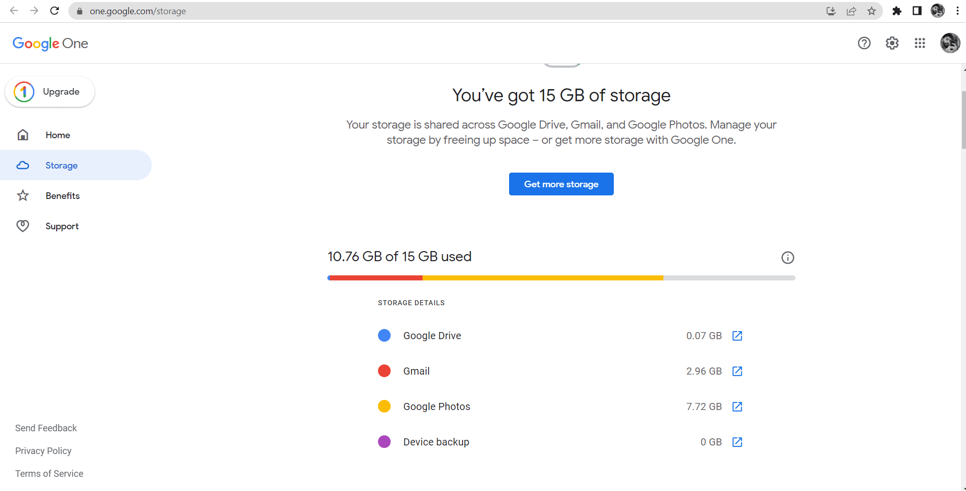 Google One website to check the storage space