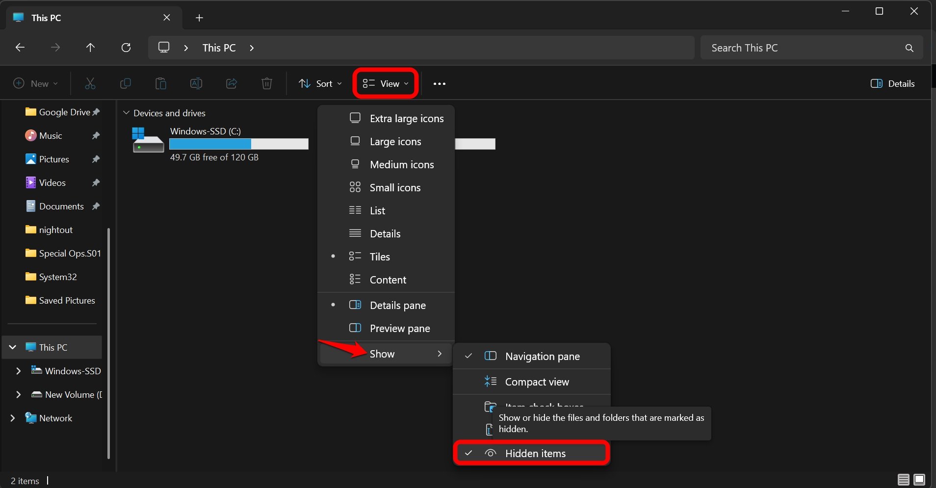 view hidden items in File Explorer 