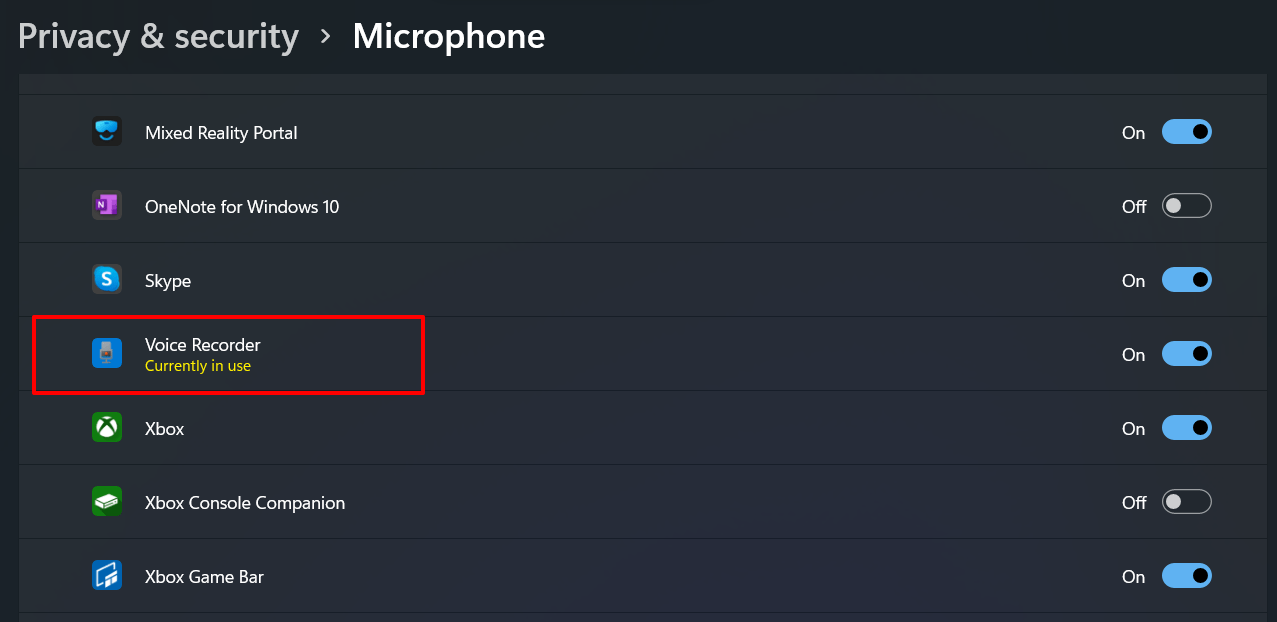 voice recorder currently in use windows 11