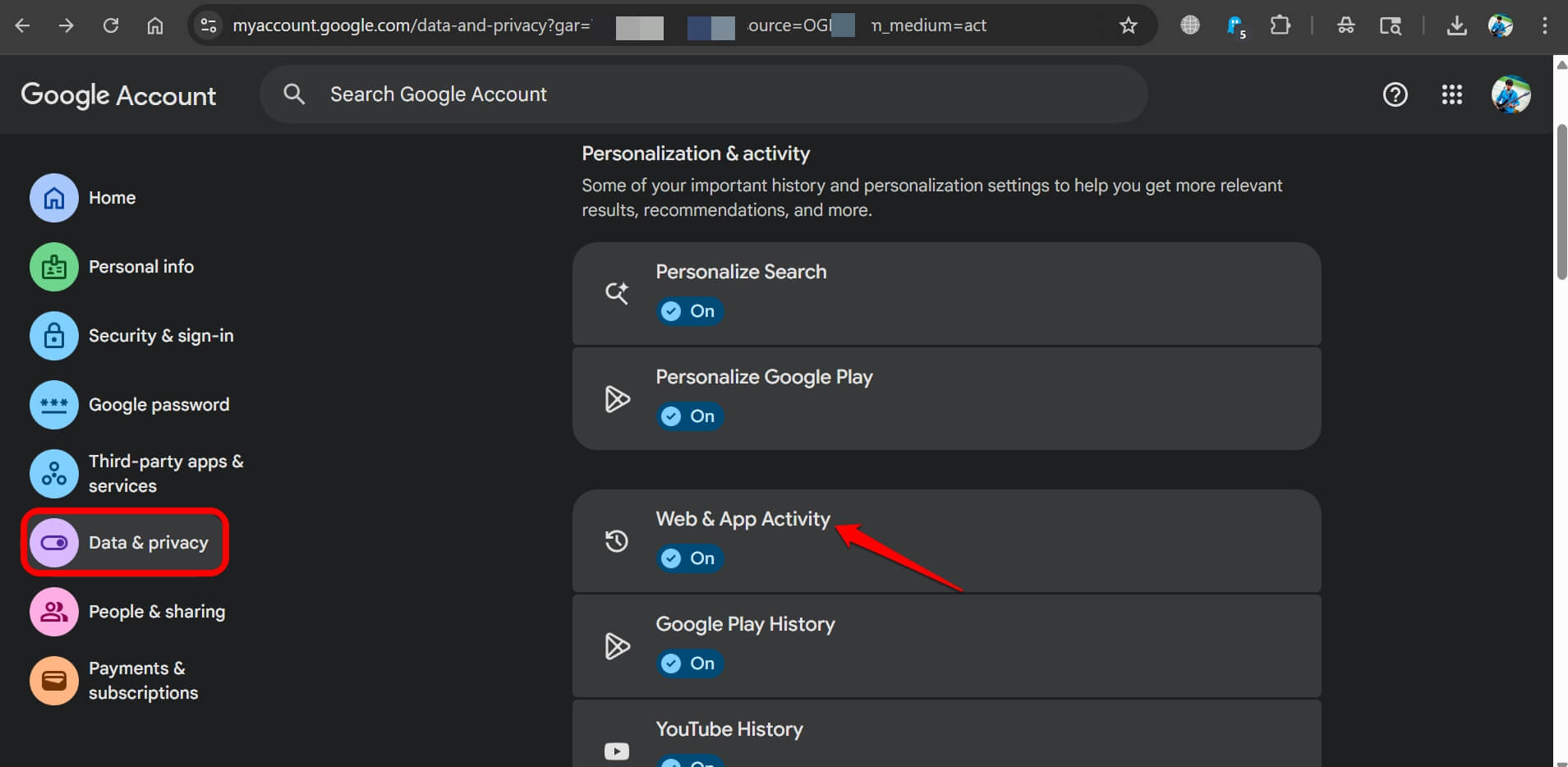 web and app activity settings in Google account