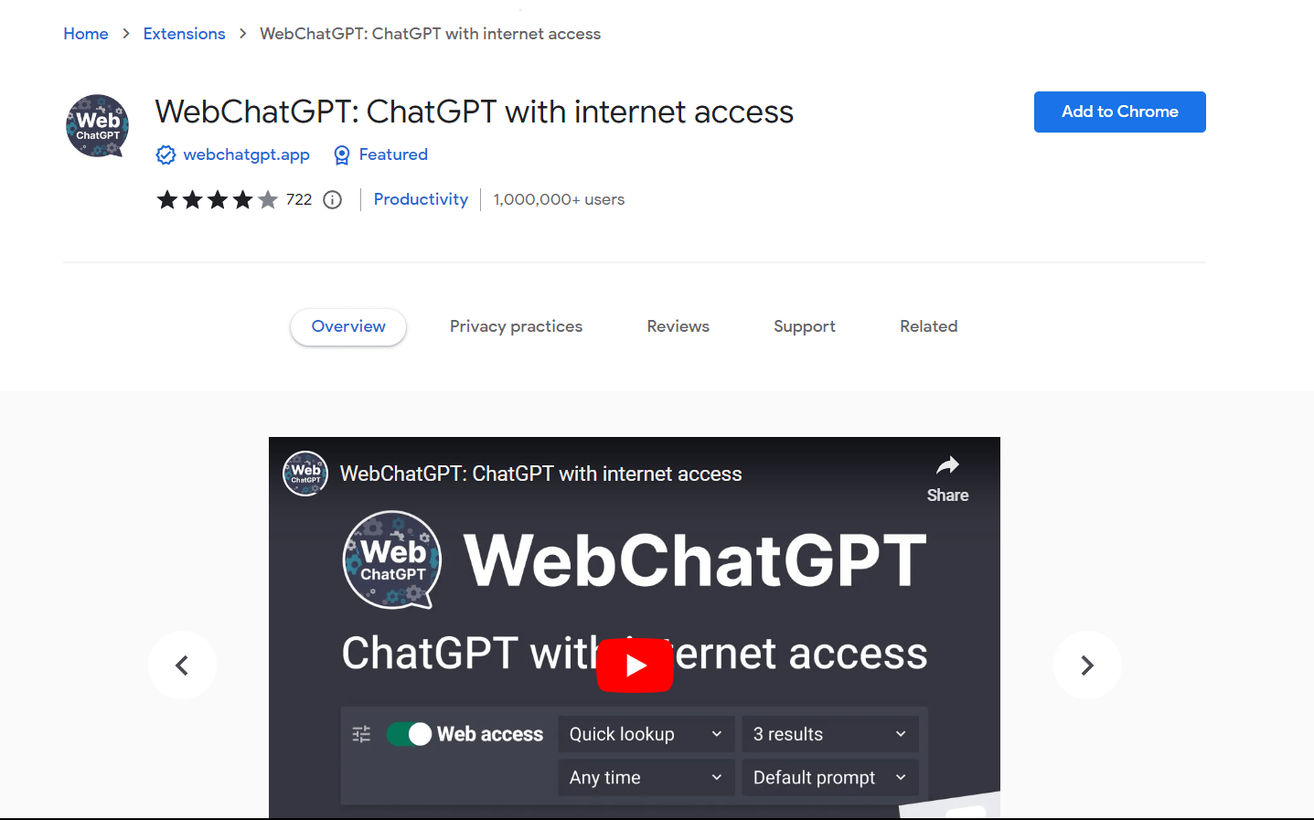 open Google Chrome and search for "WebchatGPT extension
