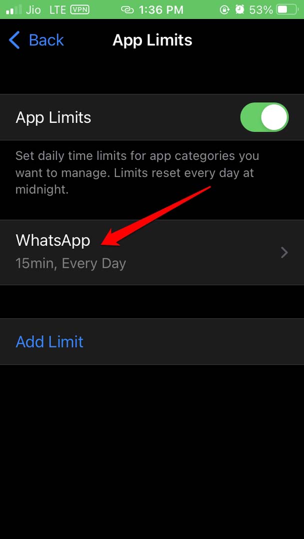 whatsApp in app limit iOS