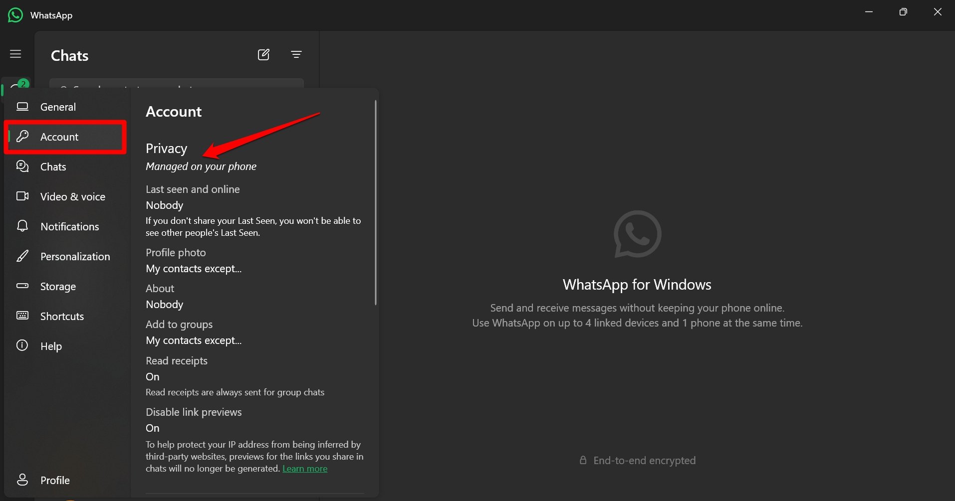 whatsapp desktop client privacy settings