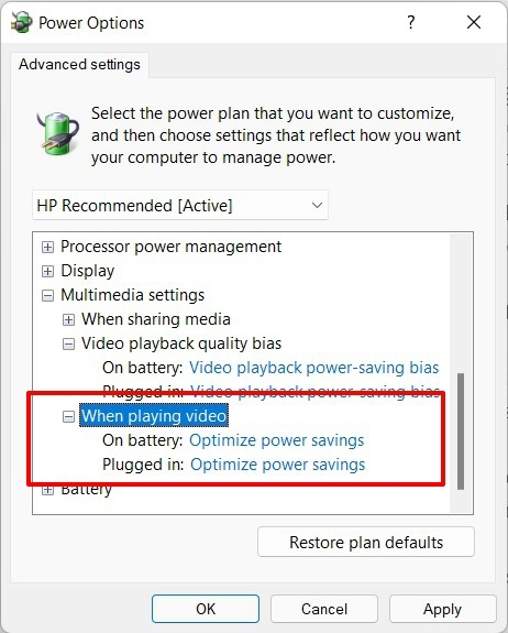 when playing video optimize power settings