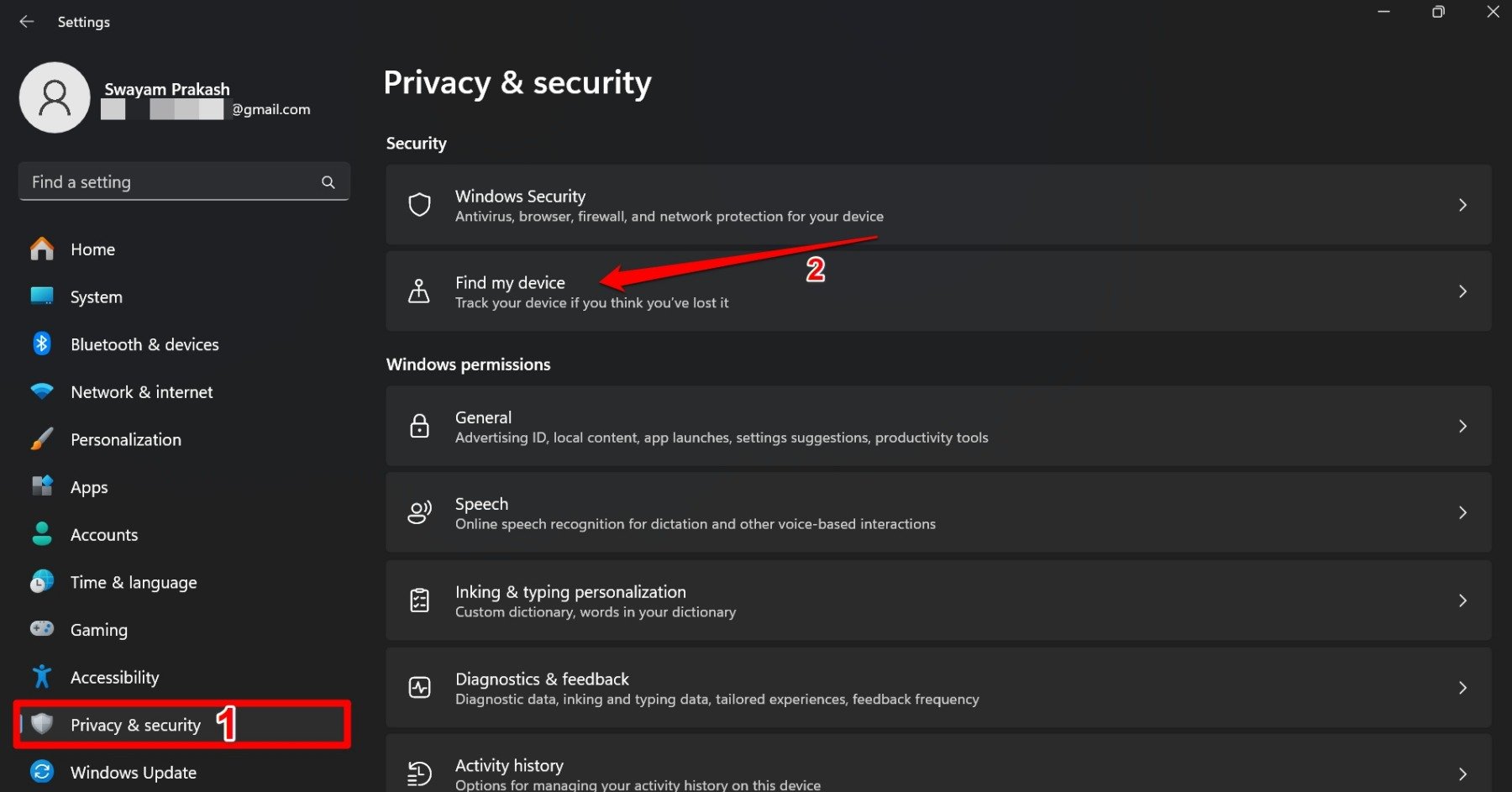 windows 11 find my device settings