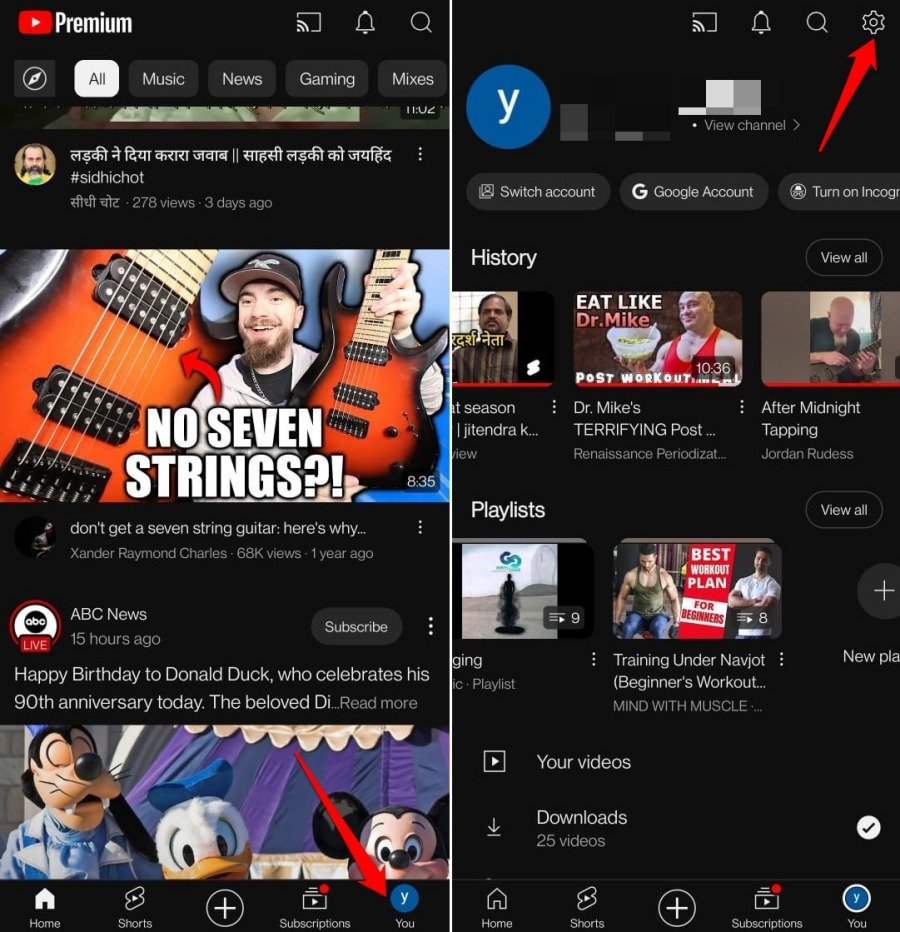 youtube account settings panel